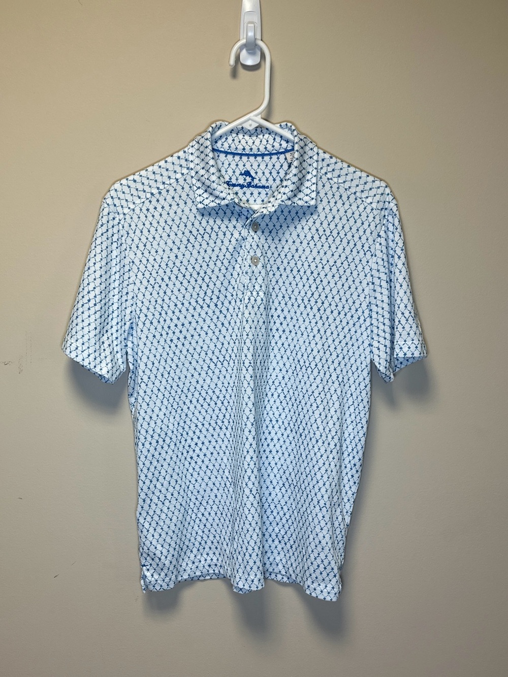 Tommy Bahama Men’s Small Polo Blue White Geometric Pima Cotton Stretch